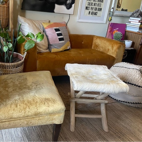 NEW designer Real fur cowhide beige wooden folding stool chair 17x18x16” - Picture 3 of 4